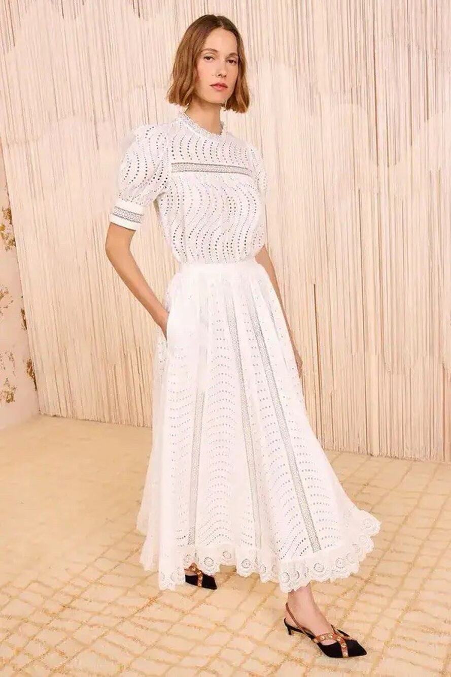 NWT Ulla Johnson Ren Midi Skirt 0 Pristine White Eyelet Lace Trim $370 A-line